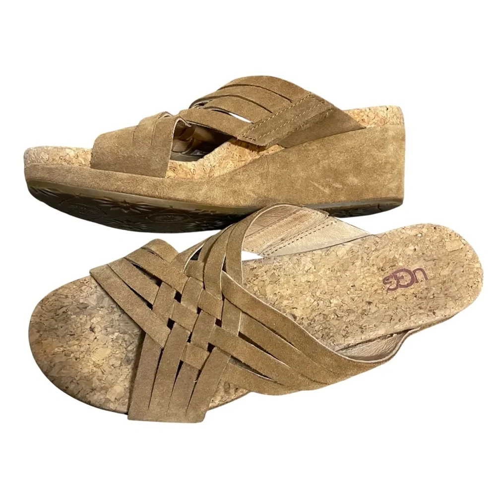 UGG Lilah Wedge Chestnut Brown Suede Cork Strappy Sandals Slip On